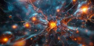 Abstract representation of a neural network with glowing nodes and connections