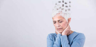 Elderly woman with a unique hairstyle made of puzzle pieces, looking thoughtful