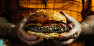 A person holding a large cheeseburger with lettuce, tomato, and condiments
