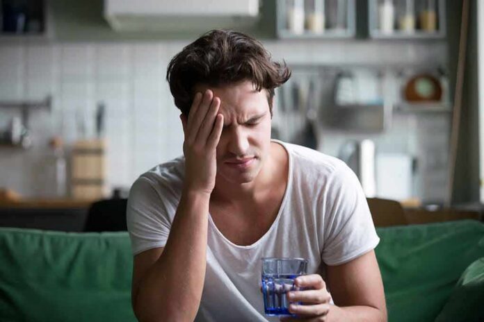 Man with headache holding a glass of water