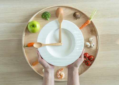 Intermittent,Fasting,If,Diet,Concept,With,Hour,Clock,Timer,For Hands holding a white plate surrounded by fresh vegetables and an egg
