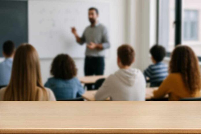 Teacher presenting to students in a classroom