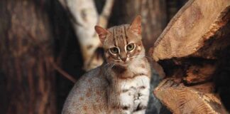 small spotted wildcat standing among tree logs