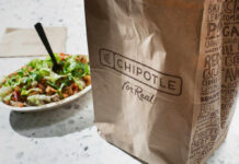 A Chipotle takeout bag next to a bowl filled with fresh salad ingredients