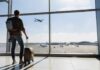 The Vacation Lie: Bliss Fades Fast Traveler with suitcase watching plane through airport window