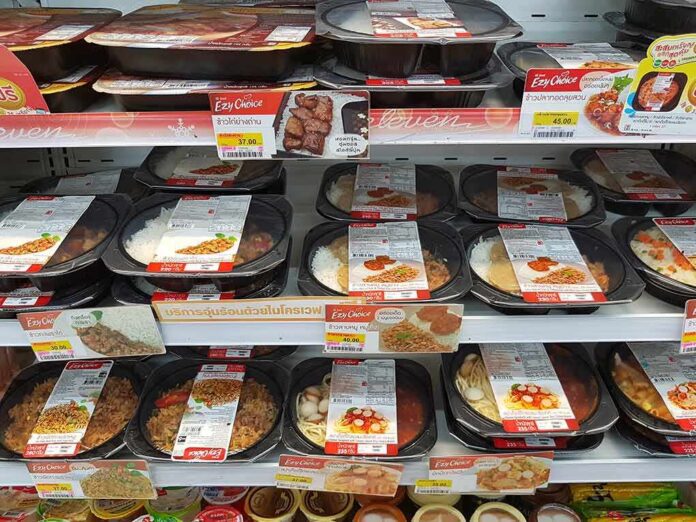 Microwaveable ready meals on supermarket shelves