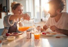 Date Nights Drop Glucose? Study Hints Yes Couple eating breakfast with orange juice at a sunlit table