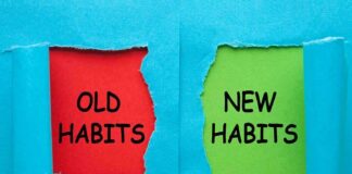 Torn blue paper revealing old habits and new habits text