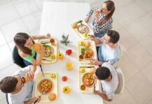 Group of friends eating lunch at a cafeteria table