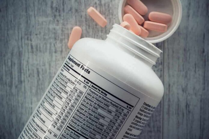 Vitamin supplement bottle with pink tablets and nutrition label